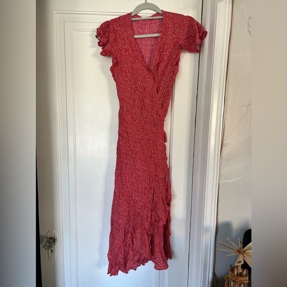 Dresses & Skirts - Red Floral Wrap Midi Dress Cottagecore Ruffle Sleeve Summer Size L/ M